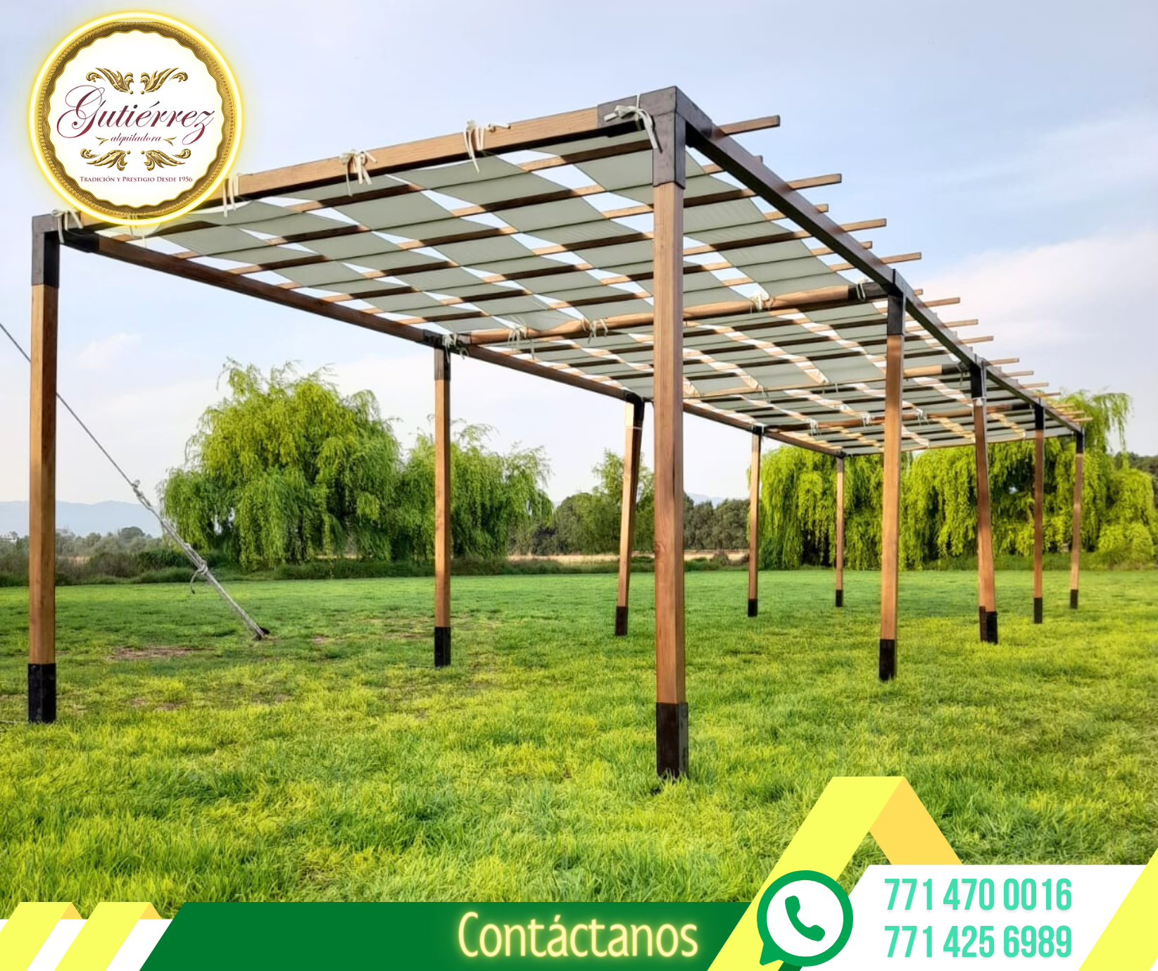 Pérgola de madera con tela